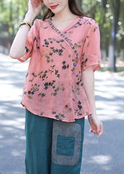 Boho Pink V Neck Print Patchwork Linen Shirt Top Summer