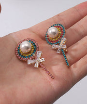 Boho Pink Zircon Pearl Bow Lollipop Brooches