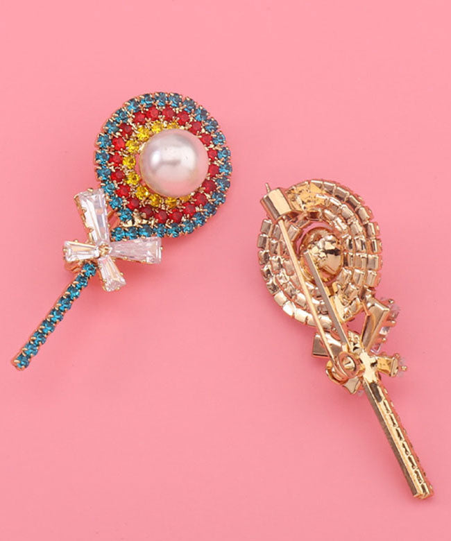 Boho Pink Zircon Pearl Bow Lollipop Brooches