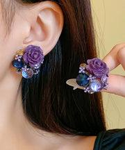 Boho Purple Alloy Zircon Resin Floral Glass Stud Earrings