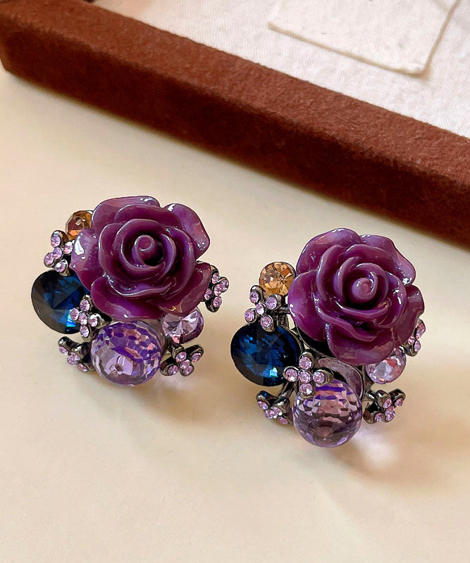 Boho Purple Alloy Zircon Resin Floral Glass Stud Earrings