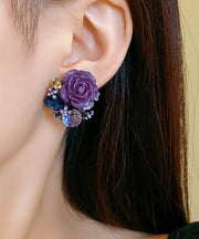 Boho Purple Alloy Zircon Resin Floral Glass Stud Earrings