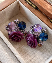 Boho Purple Alloy Zircon Resin Floral Glass Stud Earrings