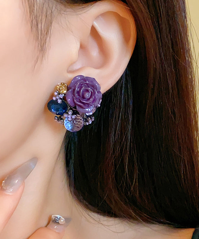 Boho Purple Alloy Zircon Resin Floral Glass Stud Earrings