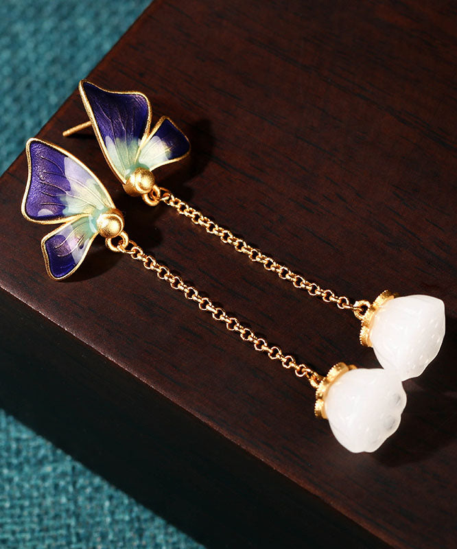 Boho Purple Ancient Gold Enamel Jade Butterfly Drop Earrings