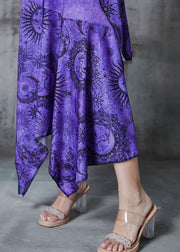 Boho Purple Asymmetrical Print Cotton Halter Dress Summer