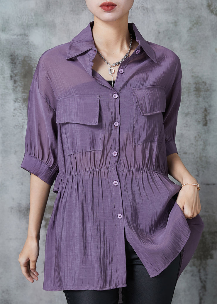 Boho Purple Cinched Pockets Cotton Blouse Tops Summer