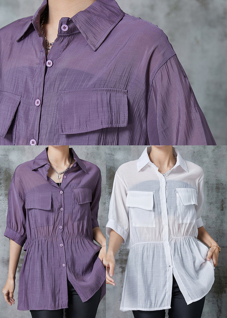 Boho Purple Cinched Pockets Cotton Blouse Tops Summer