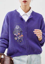 Boho Purple Embroidered Knit Cardigans Spring