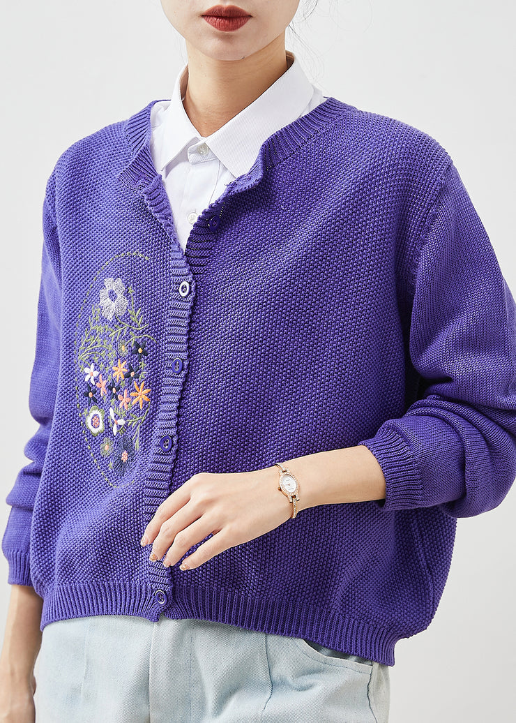 Boho Purple Embroidered Knit Cardigans Spring