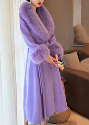 Boho Purple Fur Collar Pockets Tie Waist Wool Maxi Coats Spring