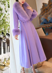 Boho Purple Fur Collar Pockets Tie Waist Wool Maxi Coats Spring