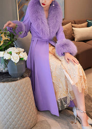 Boho Purple Fur Collar Pockets Tie Waist Wool Maxi Coats Spring