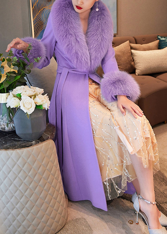 Boho Purple Fur Collar Pockets Tie Waist Wool Maxi Coats Winter