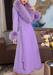 Boho Purple Fur Collar Pockets Tie Waist Wool Maxi Coats Spring