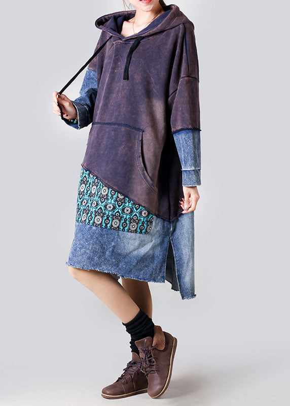 Boho Purple Hooded Denim Patchwork Cotton Dress Spring