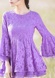 Boho Purple O Neck Lace Ruffled Top Bracelet Sleeve