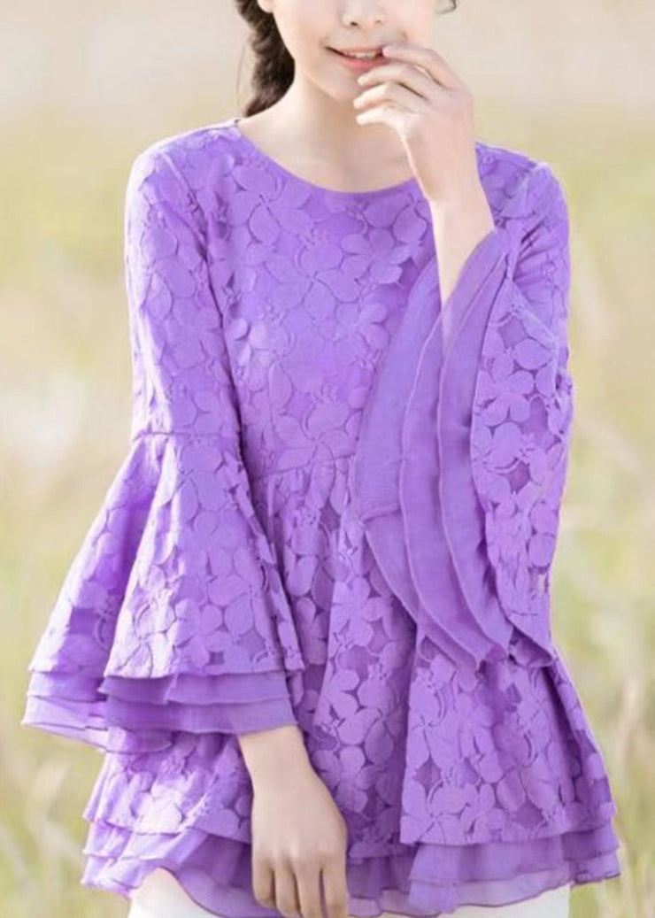 Boho Purple O Neck Lace Ruffled Top Bracelet Sleeve