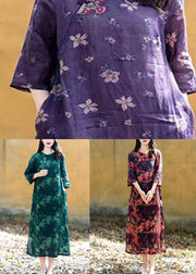 Boho Purple O Neck Print Button Patchwork Linen Long Dress Summer