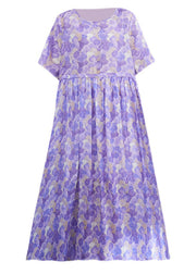 Boho Purple O-Neck Print Patchwork Cotton Long Dress Short Sleeve