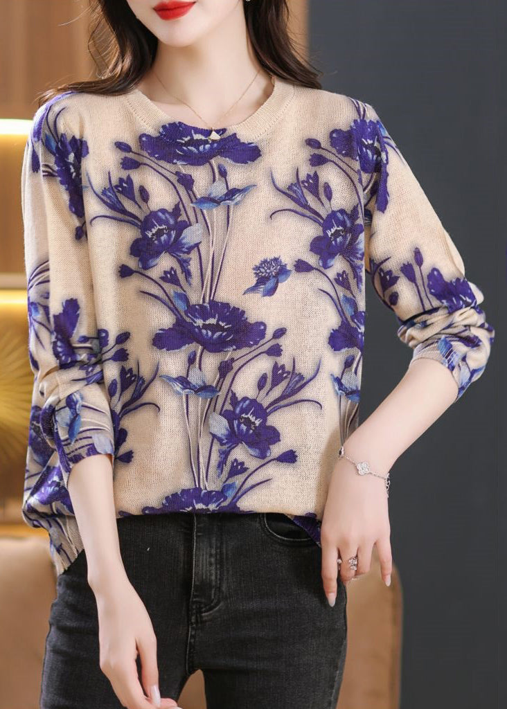 Boho Purple O Neck Print Patchwork Knit Sweaters Fall