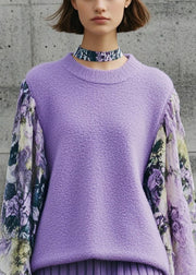 Boho Purple Oversized Patchwork Print Knitted Tops Lantern Sleeve