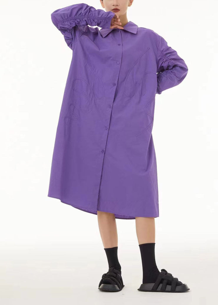 Boho Purple Peter Pan Collar Wrinkled Cotton Long Dress Spring