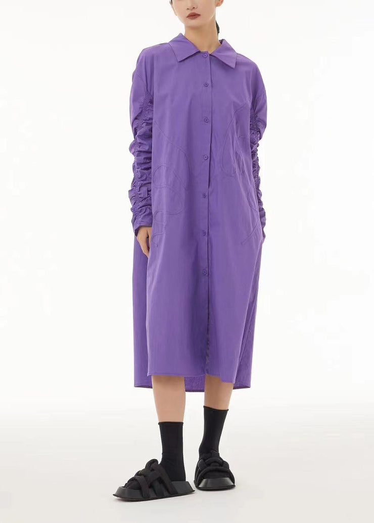 Boho Purple Peter Pan Collar Wrinkled Cotton Long Dress Spring