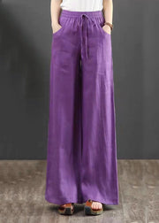 Boho Purple Pockets Elastic Waist Cotton Wide Leg Pants Summer