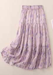 Boho Purple Print Elastic Waist Cotton Skirt Summer