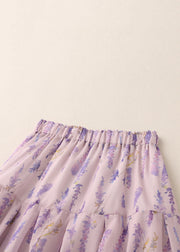 Boho Purple Print Elastic Waist Cotton Skirt Summer