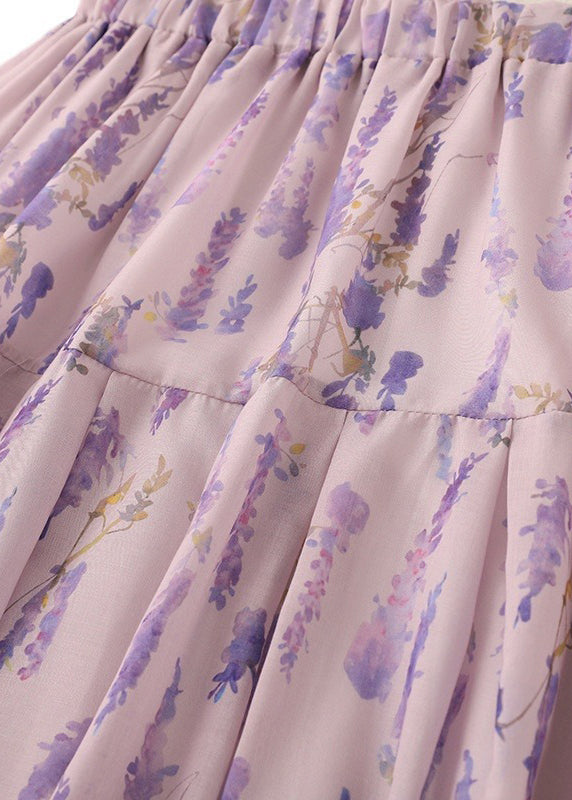 Boho Purple Print Elastic Waist Cotton Skirt Summer