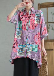 Boho Purple Print Low High Design Linen Long Shirts Summer