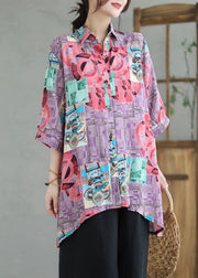 Boho Purple Print Low High Design Linen Long Shirts Summer