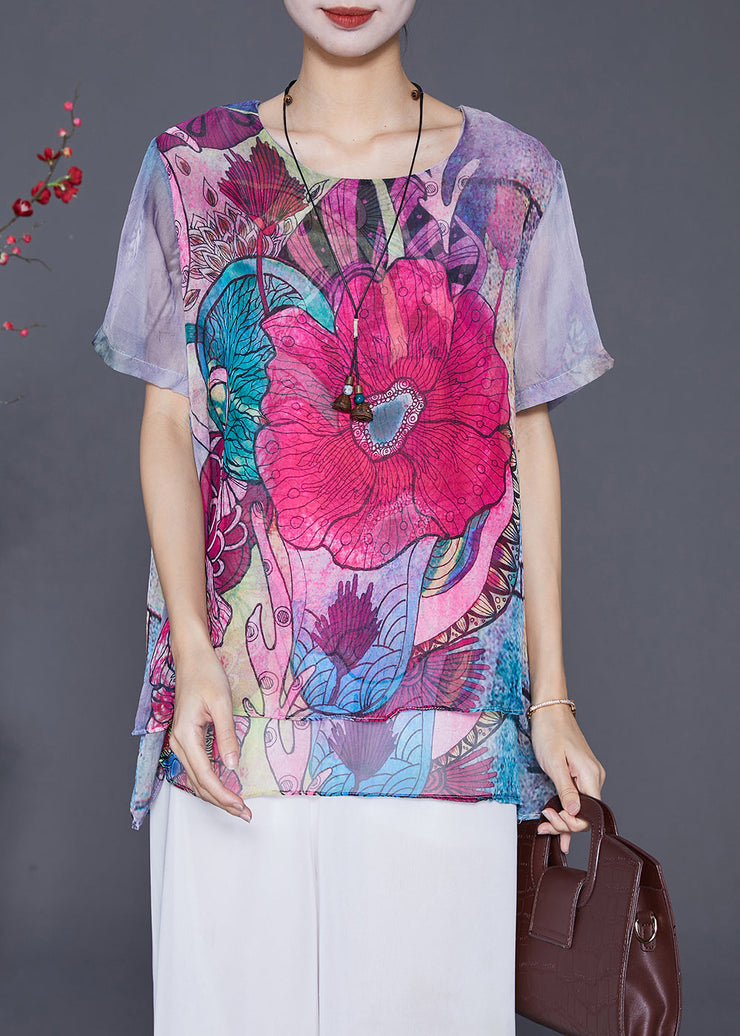 Boho Purple Print Patchwork Chiffon Top Summer