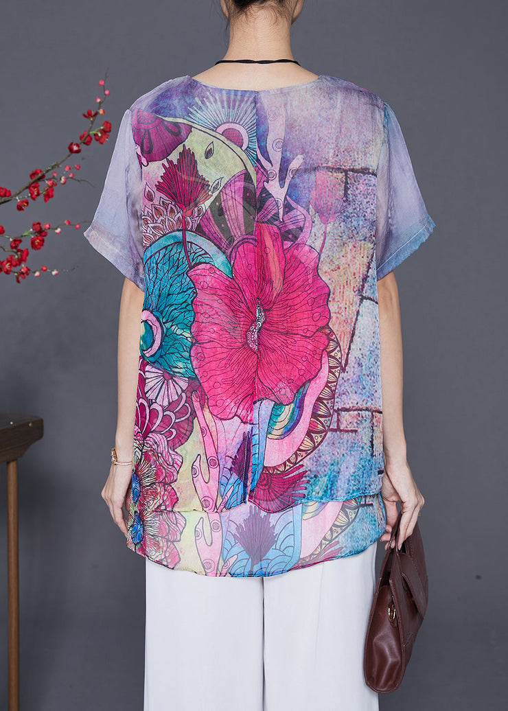 Boho Purple Print Patchwork Chiffon Top Summer