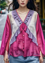 Boho Purple Ruffled Patchwork Button T Shirt Fall