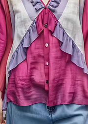 Boho Purple Ruffled Patchwork Button T Shirt Fall