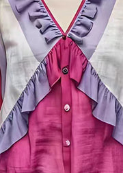 Boho Purple Ruffled Patchwork Button T Shirt Fall