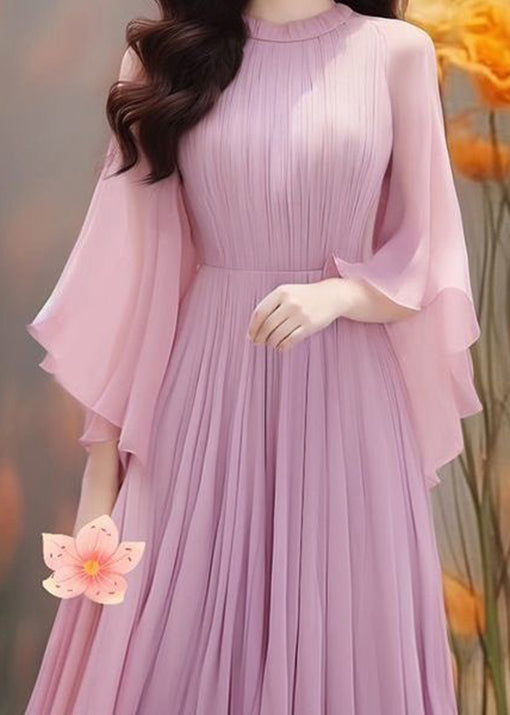 Boho Purple Solid Wrinkled Chiffon Dresses Butterfly Sleeve