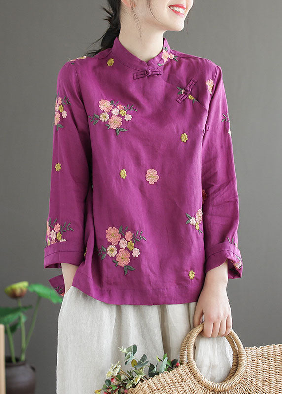 Boho Purple Stand Collar Embroidered Patchwork Cotton Top Spring