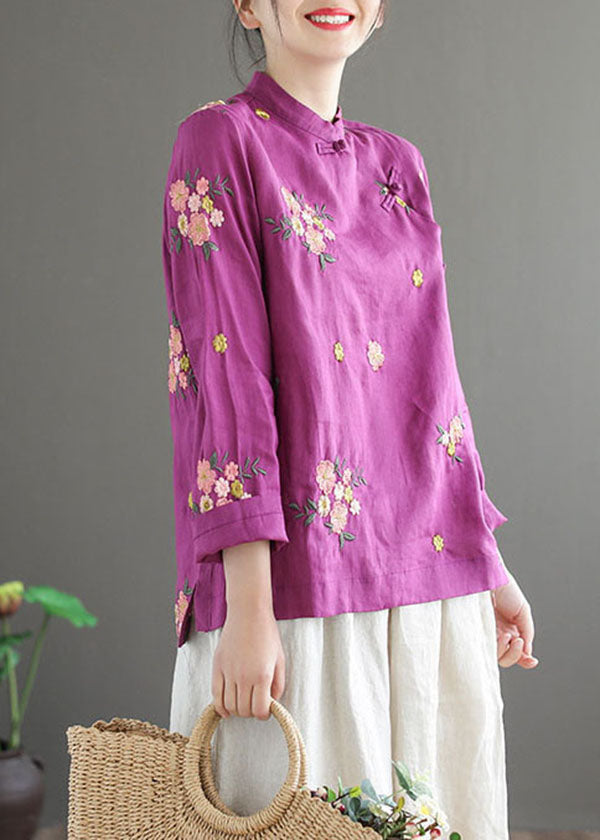 Boho Purple Stand Collar Embroidered Patchwork Cotton Top Spring