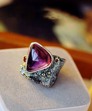 Boho Purple Sterling Silver Overgild Gem Stone Rose Rock Sugar Rings