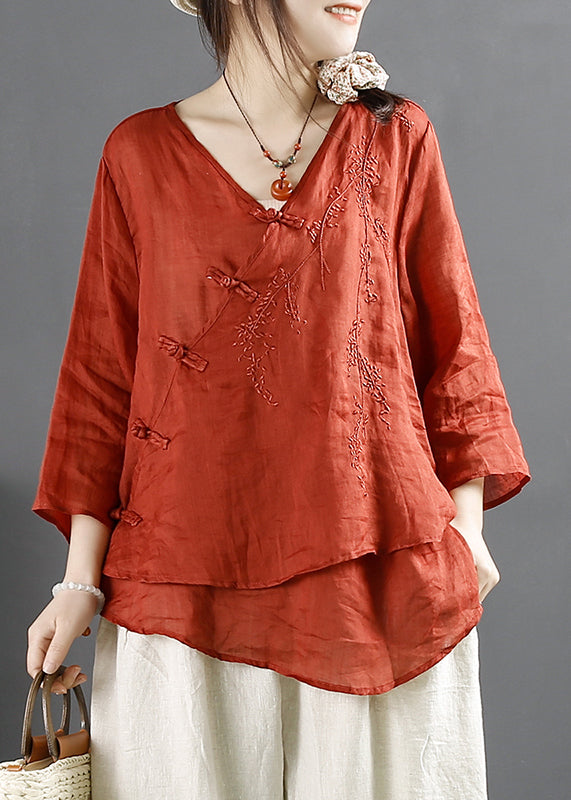 Boho Purple V Neck Embroidered Chinese Button Linen Tops Summer