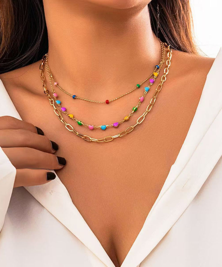 Boho Rainbow Alloy Beading Broken Silver Love Three Piece Set Princess Necklace