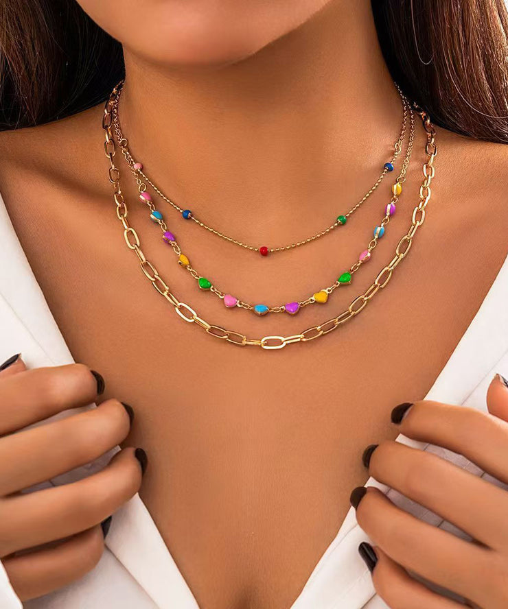 Boho Rainbow Alloy Beading Broken Silver Love Three Piece Set Princess Necklace