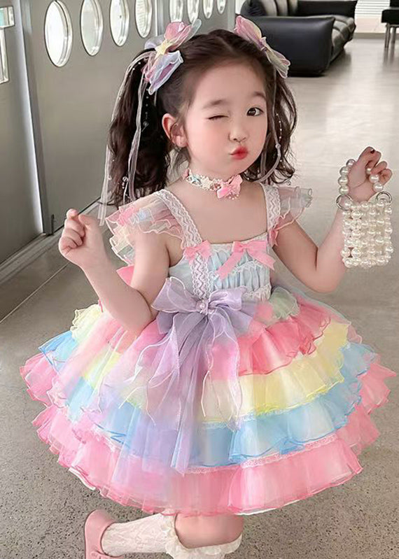 Boho Rainbow Lace Patchwork Bow Tulle Girls Long Dress Sleeveless