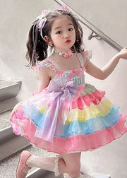 Boho Rainbow Lace Patchwork Bow Tulle Girls Long Dress Sleeveless