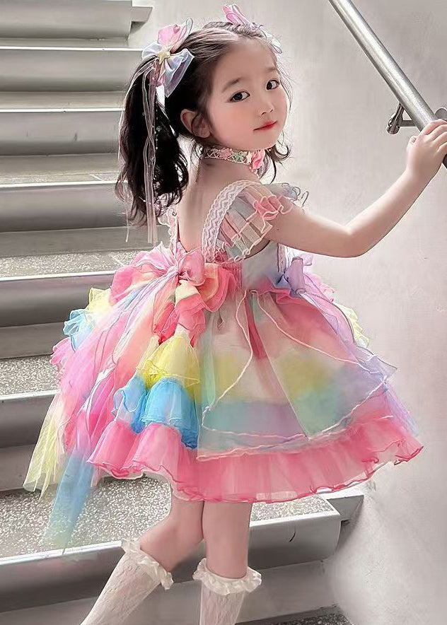 Boho Rainbow Lace Patchwork Bow Tulle Girls Long Dress Sleeveless