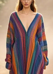 Boho Rainbow Oversized Striped Cotton Long Dresses Spring